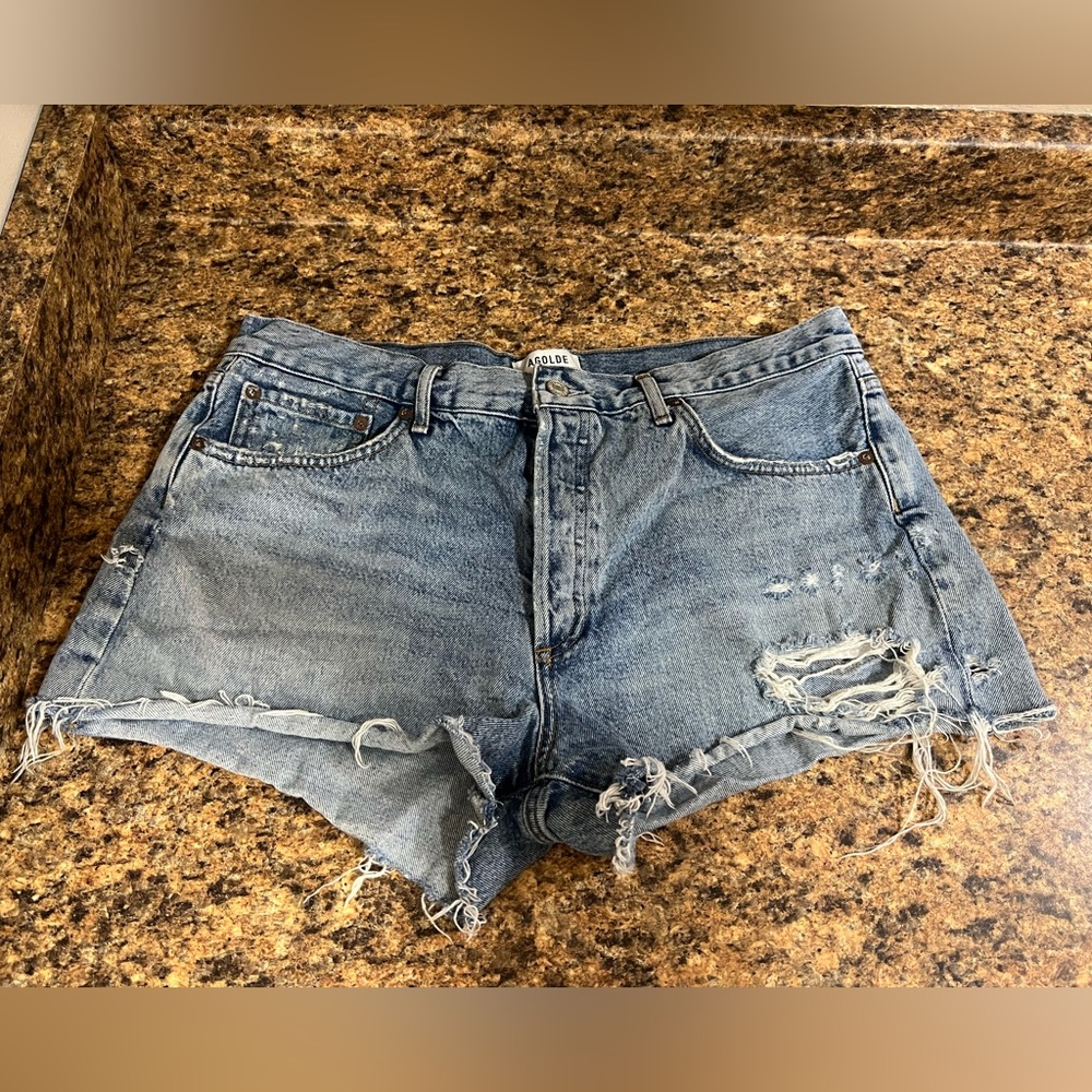 Agolde Light Blue Distressed Denim Jean Shorts